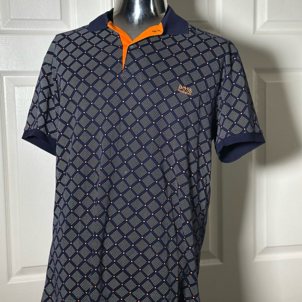 Hugo Boss Blue and Orange Polo Shirt with Geometric Design